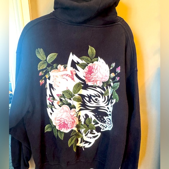 Darc Sport Tops - Darc Sport Black Hoodie with Pink Floral Wolf Graphic